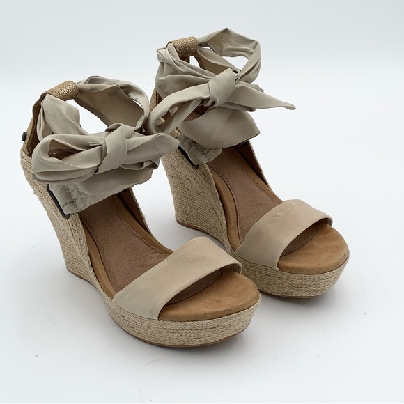 UGG Shoes - UGG Elegant Beige Wedge Sandals with satin ankle tie size 6